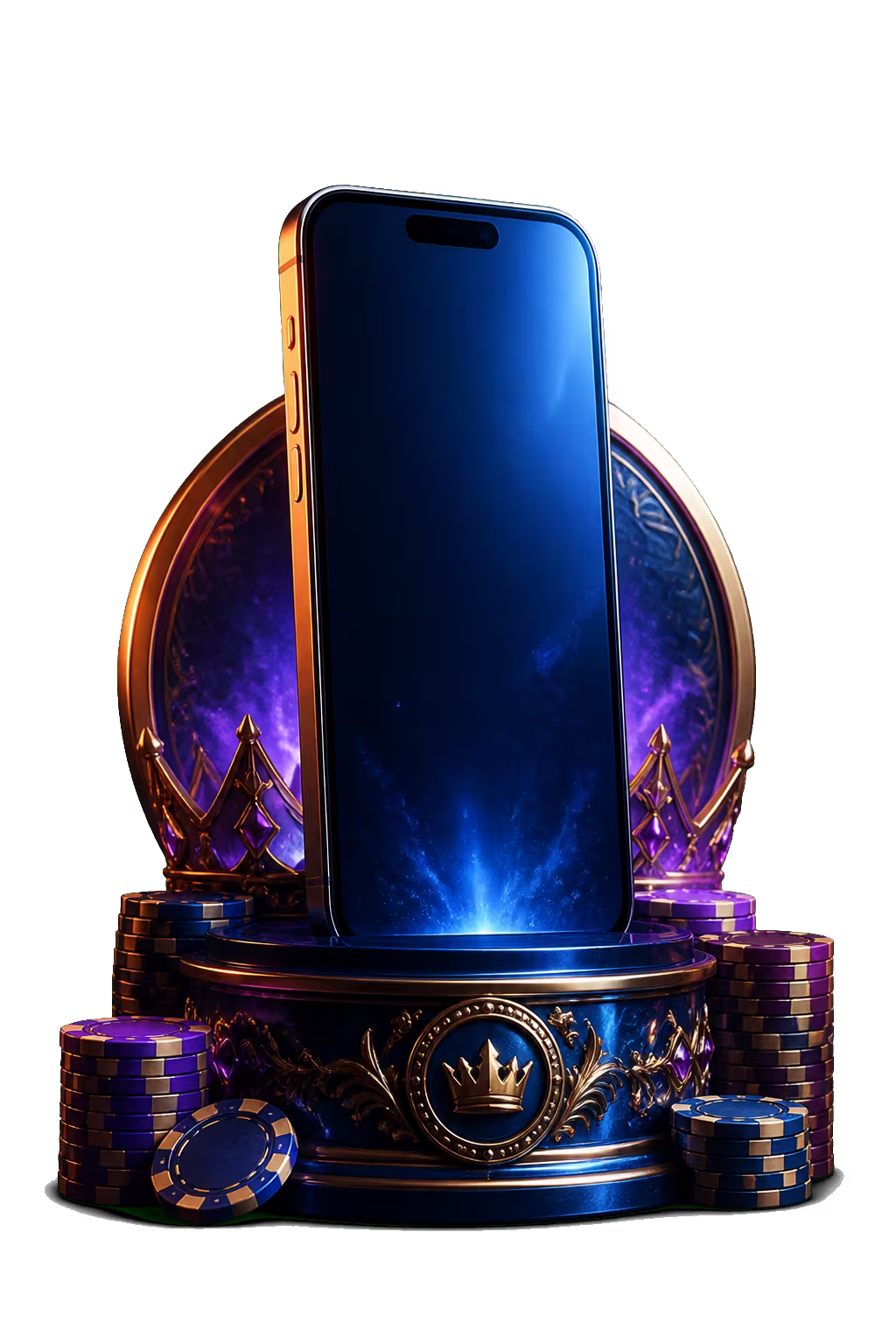 Conquestador-style phone with casino chips and a royal emblem