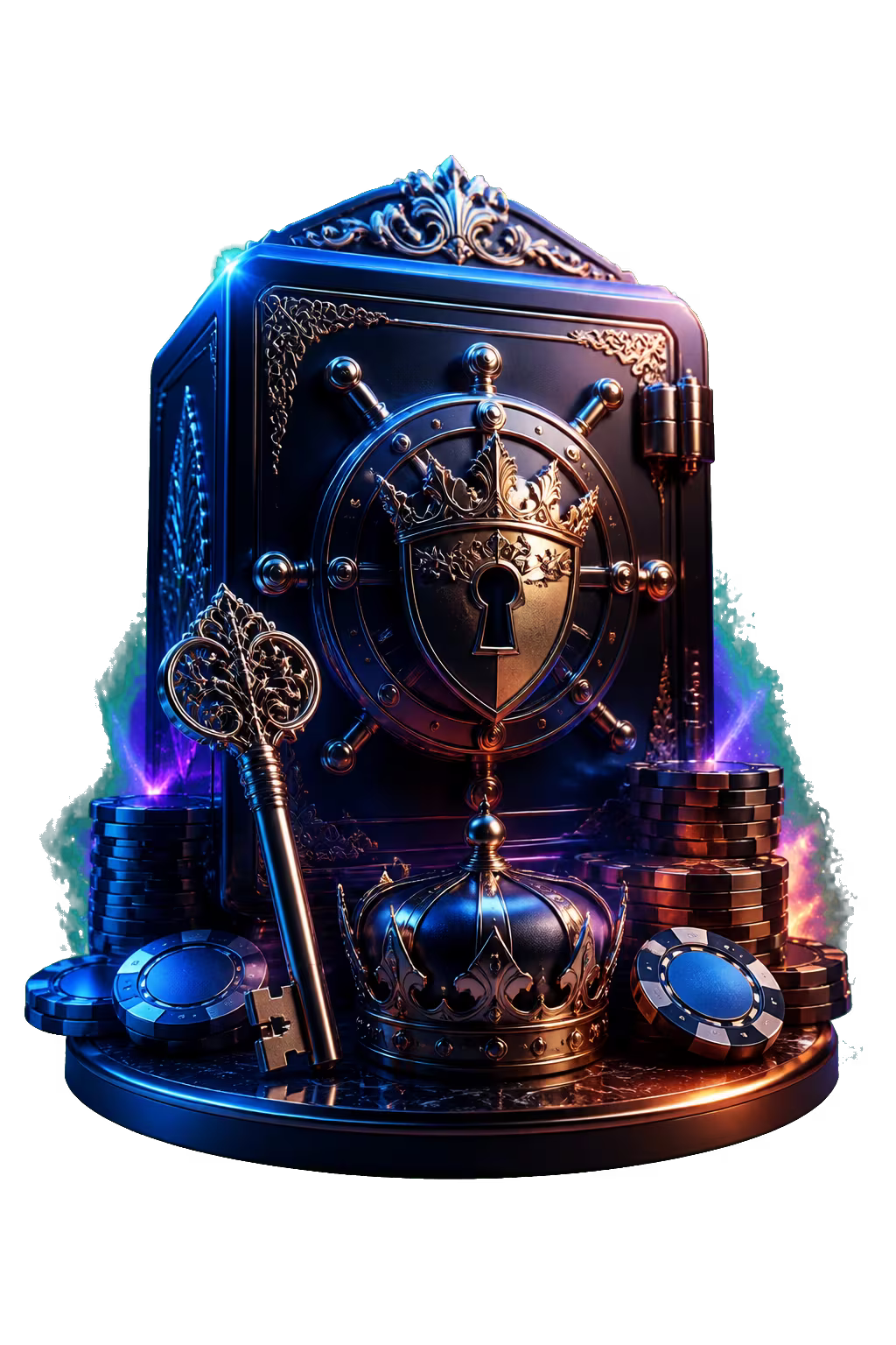 Conquestador-style account vault with key and shield