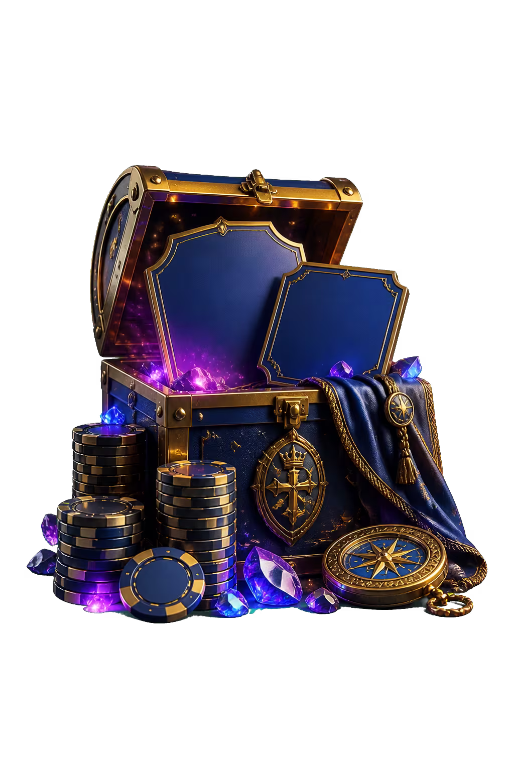 Conquestador-style treasure chest with a casino chip and ribbon