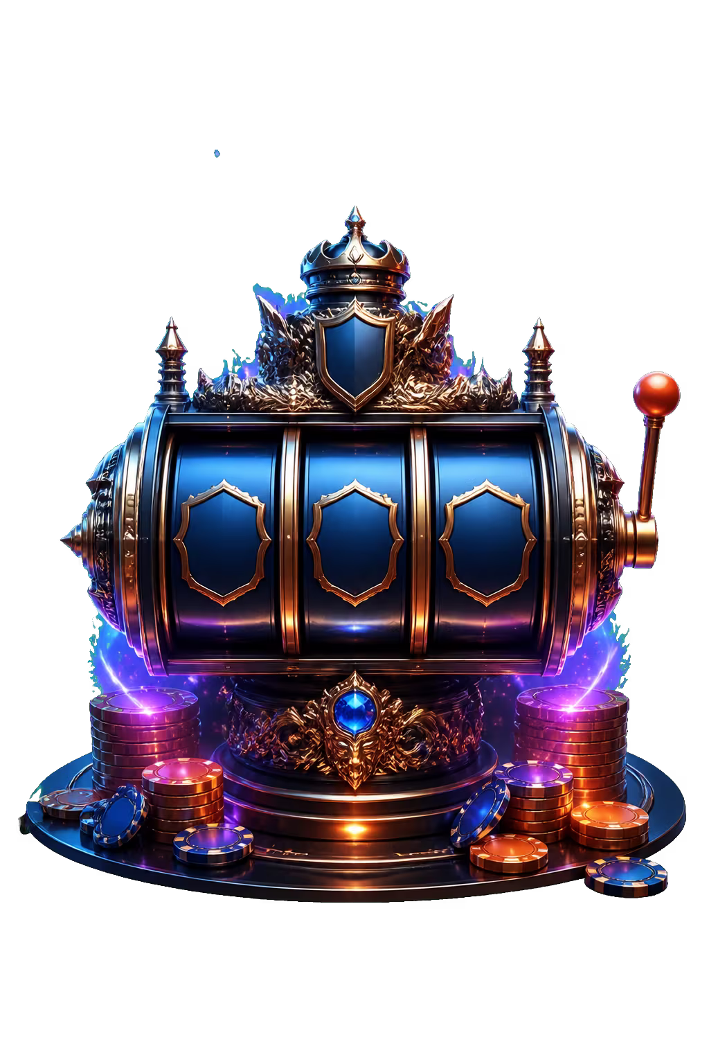 Conquestador-style slot reels with blue and coral casino accents