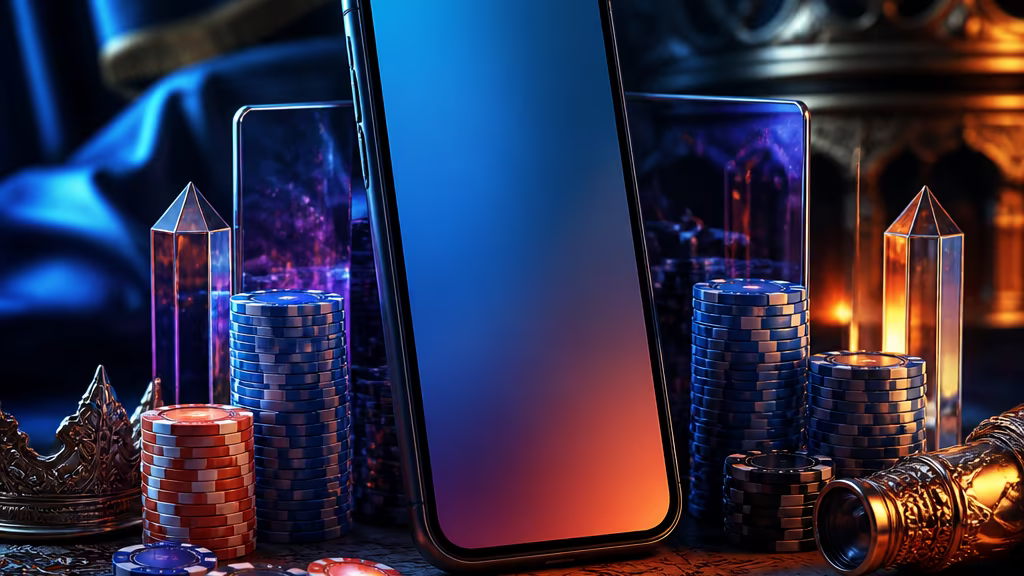 Mobile casino access visual with a smartphone and chips