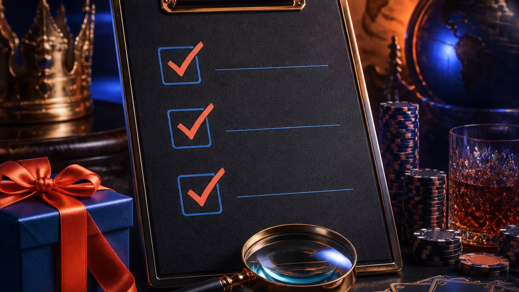 Bonus terms checklist visual with chips, cards and a magnifying glass