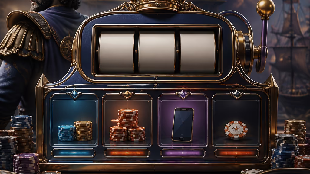 Slot comparison visual with abstract reels, chips and glass panels